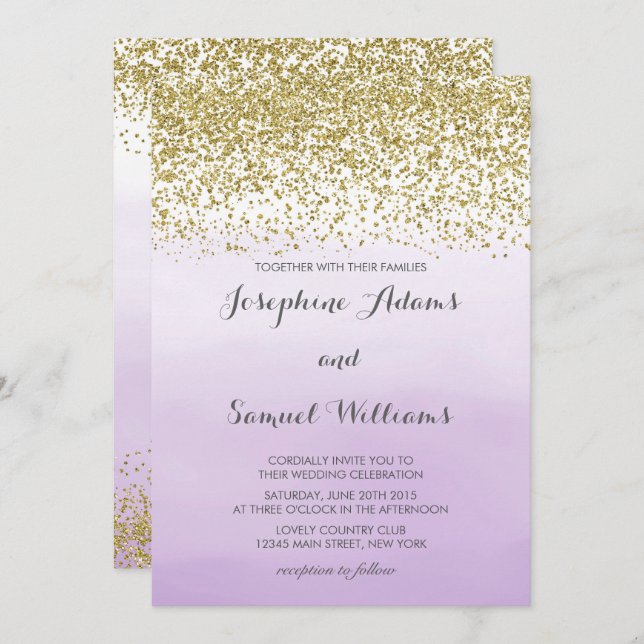 Watercolor Ombre Purple and Gold Glitter Wedding Invitation (Front/Back)
