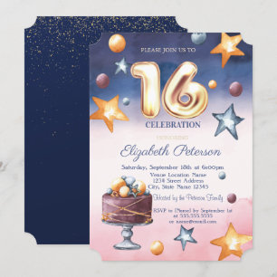 Watercolor Ombre Stars Cake Sweet 16 Invitation