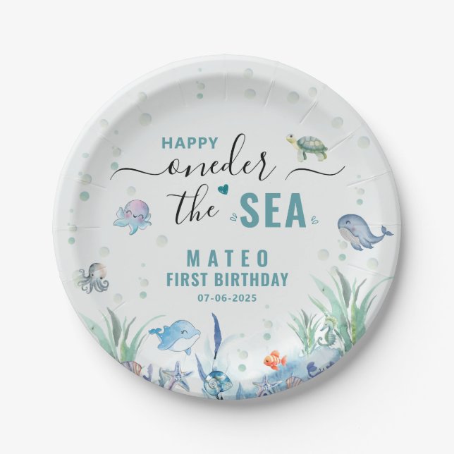 Watercolor One-der The sea 1st birthday Paper Plate (Front)