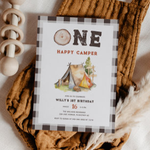 Watercolor One Happy Camper 1st Birthday Invitation