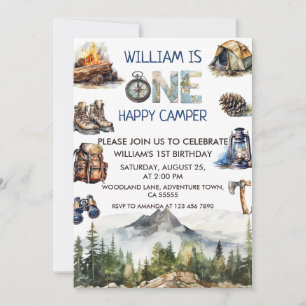 Watercolor One Happy Camper Woodland 1st Birthday Invitation