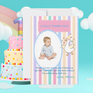 Watercolor One Silly Goose Boy 1st Birthday Photo Thank You Card