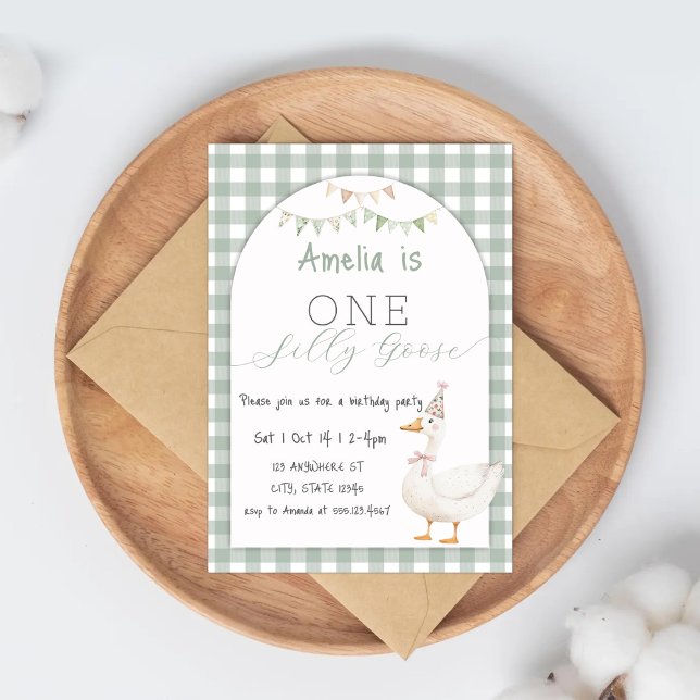 Watercolor One Silly Goose Gingham 1st Birthday Invitation (Creator Uploaded)