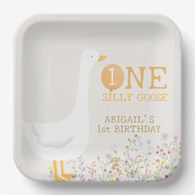 Watercolor One Silly Goose Wildflower 1st Birthday Paper Plate (Front)