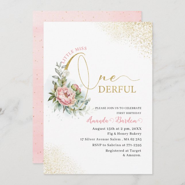 Watercolor ONEderful 1st Birthday Little blush peo Invitation (Front/Back)