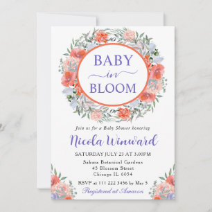Watercolor Orange and Purple Wreath Baby Shower Invitation
