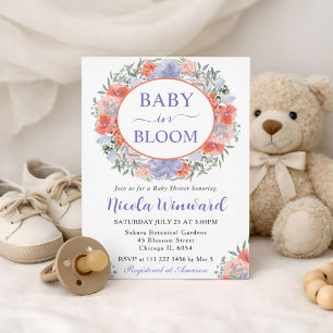 Watercolor Orange and Purple Wreath Baby Shower Invitation