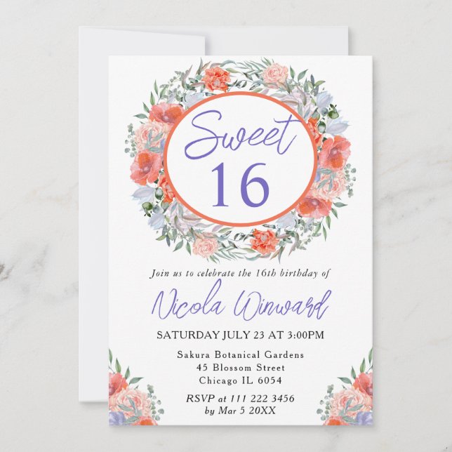 Watercolor Orange and Purple Wreath Sweet 16 Invitation (Front)
