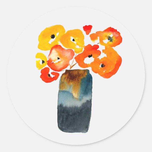 Watercolor orange and red poppies classic round sticker (Front)