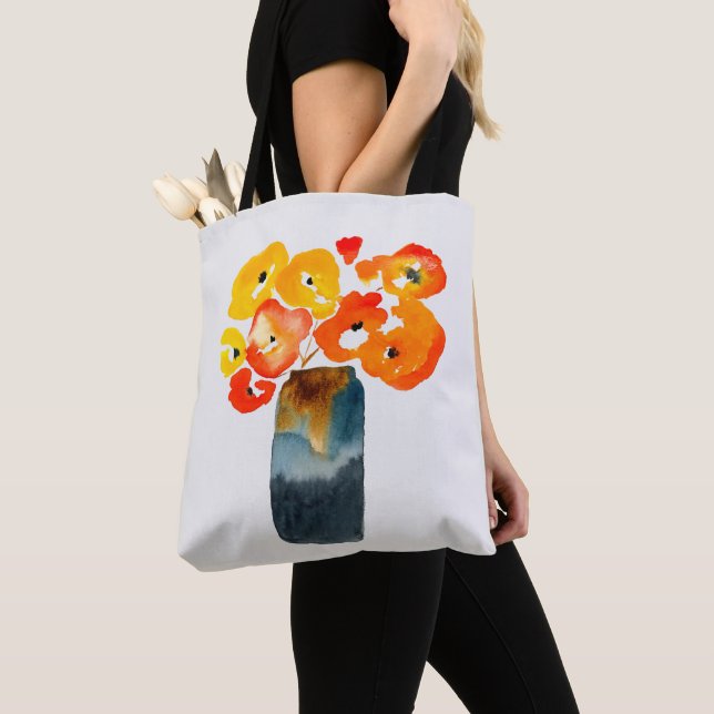 Watercolor orange and red poppies tote bag (Close Up)