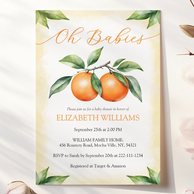Watercolor Orange Baby Shower Invitation for twins (Creator Uploaded)