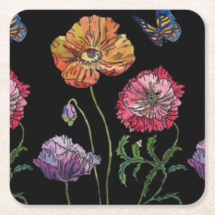 Watercolor Orange Black Poppy Floral Square Paper Coaster