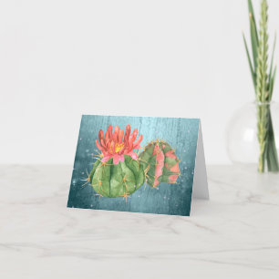 Watercolor Orange Blooming Cactus teal-blue Thank You Card