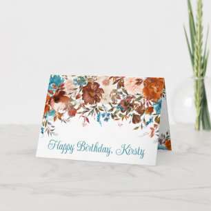 Watercolor Orange & Blue Autumnal Flowers Birthday Card