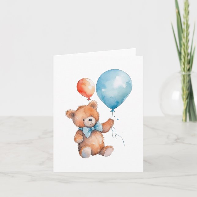 Watercolor Orange & Blue Balloons Brown Teddy Bear Card (Front)