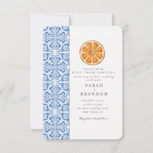Watercolor Orange Blue tile Mediterranean Wedding Invitation
