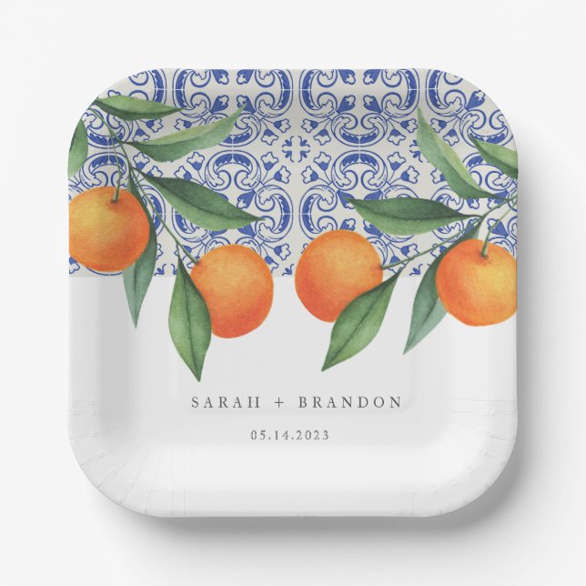 Watercolor Orange Blue tile Mediterranean Wedding Paper Plate (Front)