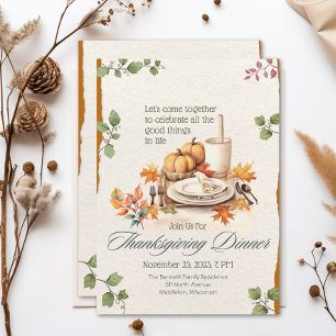 Watercolor Orange Boho Cottagecore Thanksgiving Invitation