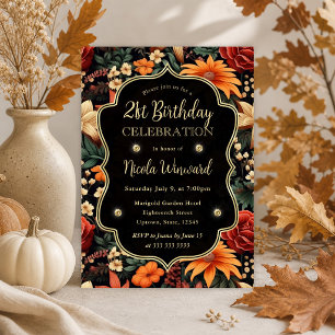 Watercolor Orange Brown Fall Leaves 21st Birthday Invitation