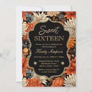 Watercolor Orange Brown Fall Leaves Sweet Sixteen Invitation
