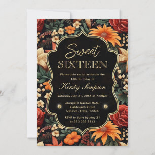 Watercolor Orange Brown Fall Leaves Sweet Sixteen Invitation