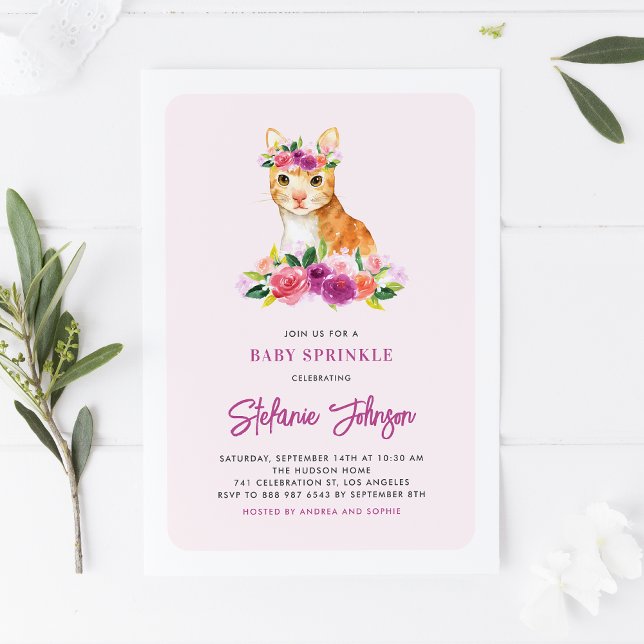 Watercolor Orange Cat Purple Flowers Baby Sprinkle Invitation (Creator Uploaded)