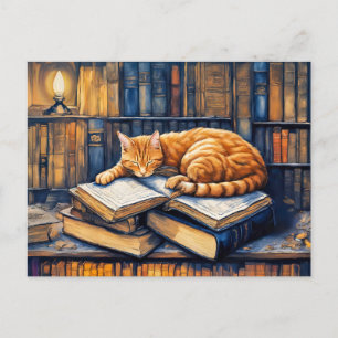 Watercolor Orange Cat Sleeping on Books Postcard