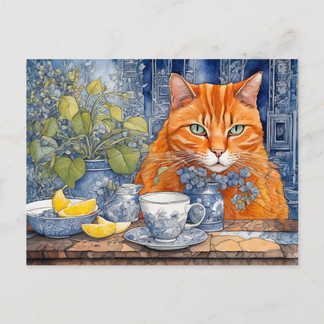 Watercolor Orange Cat with Lemon Tea Postcard (Front)