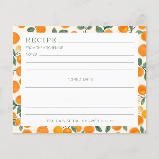 Watercolor Orange Citrus Bridal Shower Recipe Card (Front)