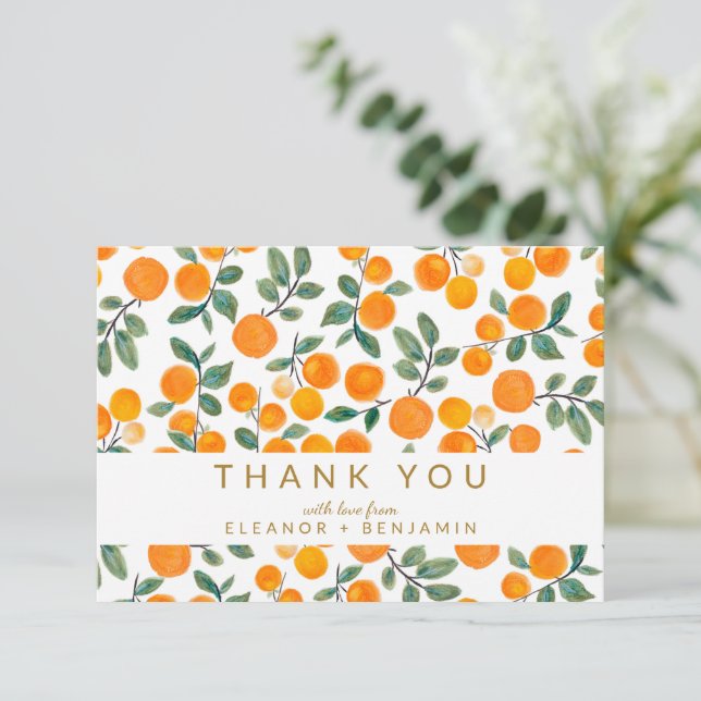 Watercolor Orange Citrus Custom Wedding  Thank You Card (Standing Front)