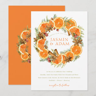 Watercolor Orange Citrus Wreath Monogram Wedding Invitation
