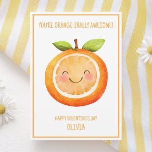 Watercolor Orange Cute Kids Happy Valentines Day Holiday Card