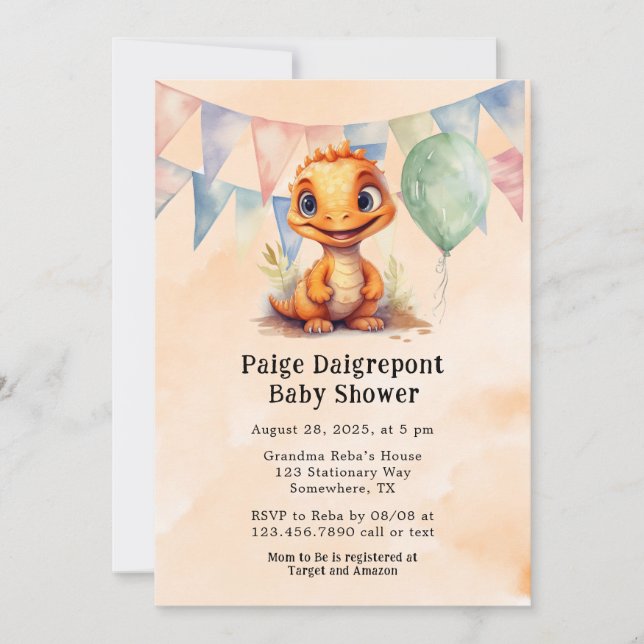 Watercolor Orange Dinosaur Boy Baby Shower  Invitation (Front)