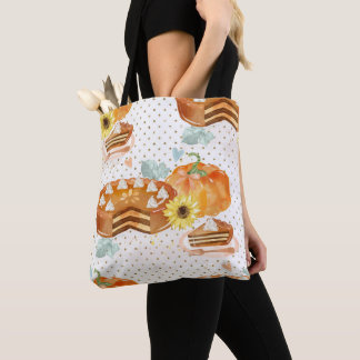 WATERCOLOR ORANGE FALL PUMPKINS AND PIES TOTE BAG