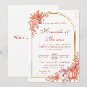 Watercolor Orange Floral w/Gold & Pumpkins Wedding Invitation
