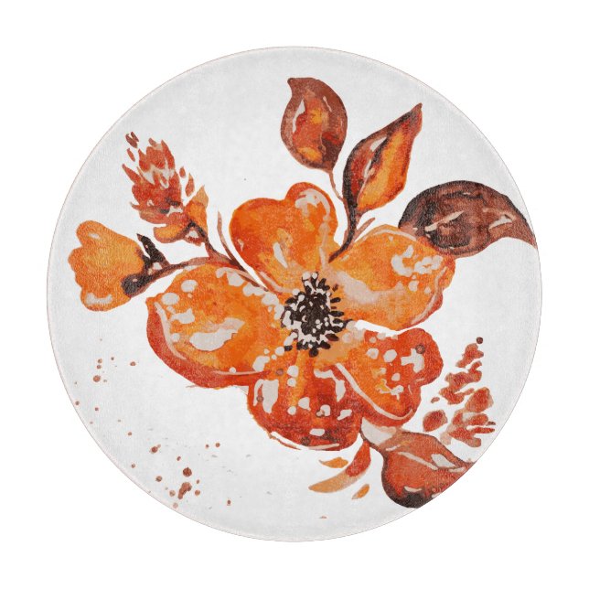 Watercolor orange flower compact mirror cutting board (Front)