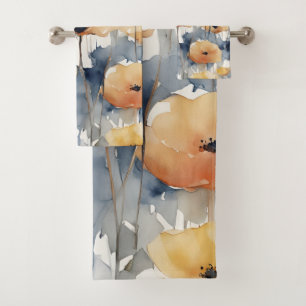 Watercolor Orange Flowers Blue Indigo Design 347 Bath Towel Set