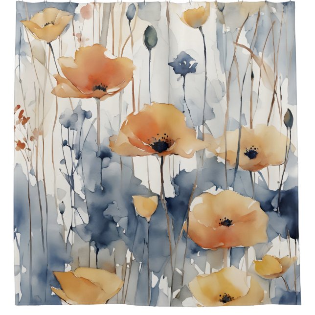 Watercolor Orange Flowers Blue Indigo Design 347 Shower Curtain (Front)