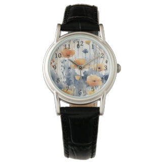 Watercolor Orange Flowers Blue Indigo Design 347 Watch