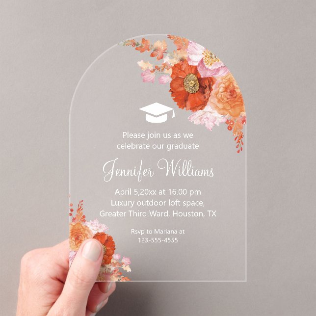 watercolor orange flowers modern party graduation  acrylic invitations (Insitu (Handheld))