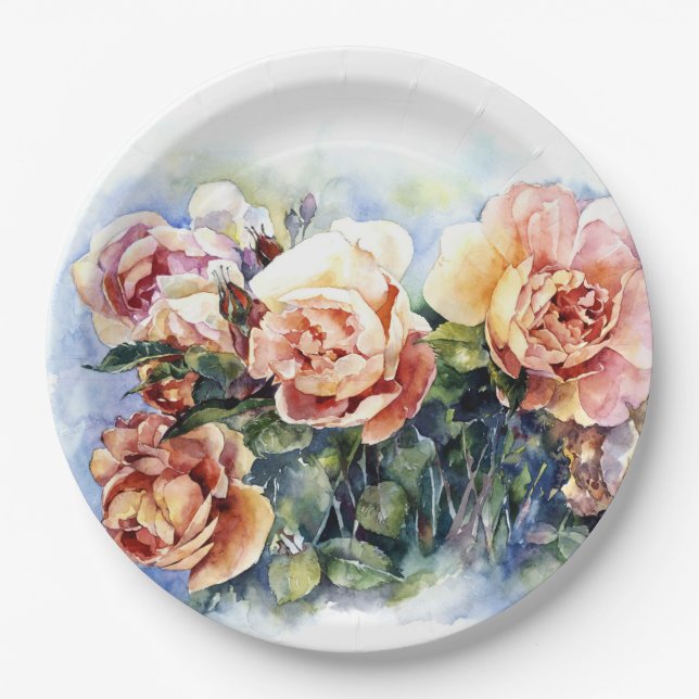 Watercolor orange flowers roses illustration flowe paper plate (Front)
