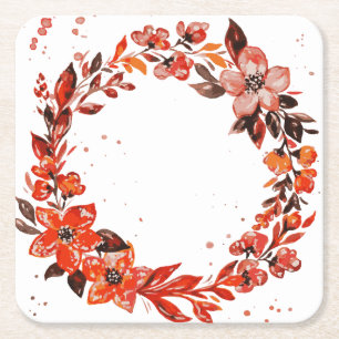 Watercolor orange flowers square paper coaster