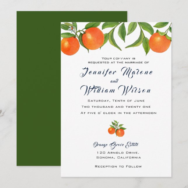 Watercolor Orange fruit wedding invitation (Front/Back)