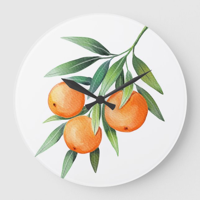 Watercolor Orange Fruits: Branches Isolated. Large Clock (Front)