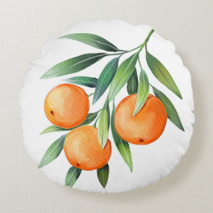 Watercolor Orange Fruits: Branches Isolated. Round Cushion