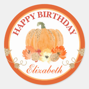 Watercolor Orange & Gold Pumpkin Happy Birthday Classic Round Sticker