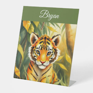 Watercolor Orange & Green Cute Tiger Kids Name Pedestal Sign