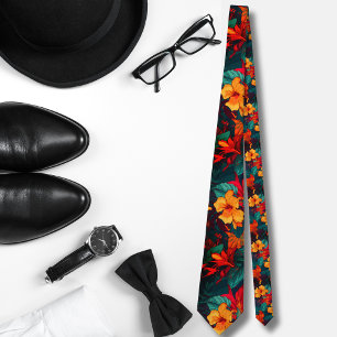 Watercolor orange Hawaiian pattern monstera Tie
