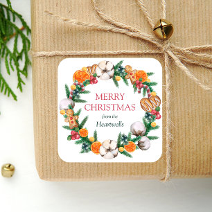 Watercolor Orange Holiday Wreath Merry Christmas Square Sticker