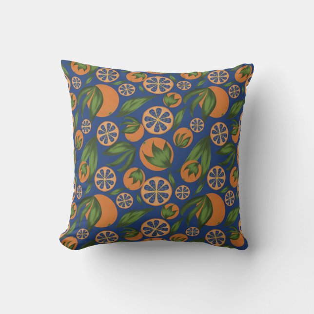 Watercolor Orange Indigo Fruit Pattern Cushion (Front)